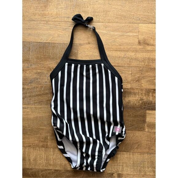 Ruffle Butts Black & White Stripe Halter Baby One Piece Swimsuit Bathing Suit - Picture 3 of 11